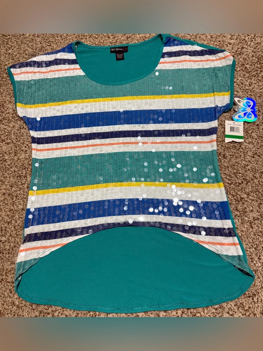 Self Esteem Striped Sequin Short Sleeve Blouse Top Womens L NWT